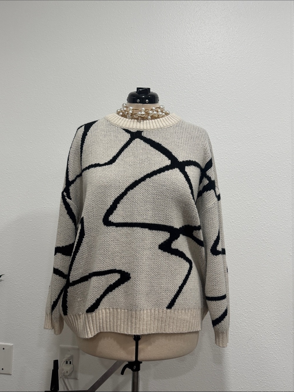 Grace Cream Crewneck Sweater with Black Abstract Lines